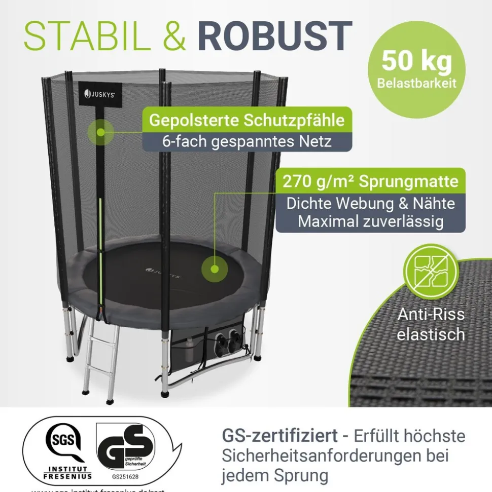 Juskys Trampolin JumpMaster S Ø 183 cm – Gartentrampolin mit Netz, Leiter & Bodenankern
