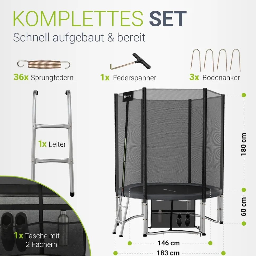 Juskys Trampolin JumpMaster S Ø 183 cm – Gartentrampolin mit Netz, Leiter & Bodenankern