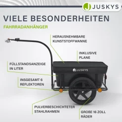 Juskys Transportanhänger Fahrradanhänger 90 Liter - Lastenanhänger mit Kupplung, Deichsel & Plane