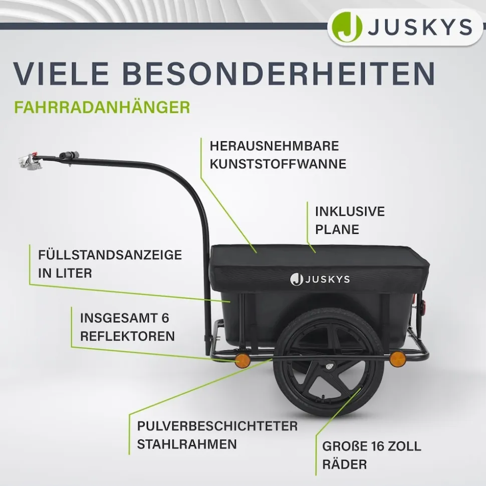 Juskys Transportanhänger Fahrradanhänger 90 Liter - Lastenanhänger mit Kupplung, Deichsel & Plane