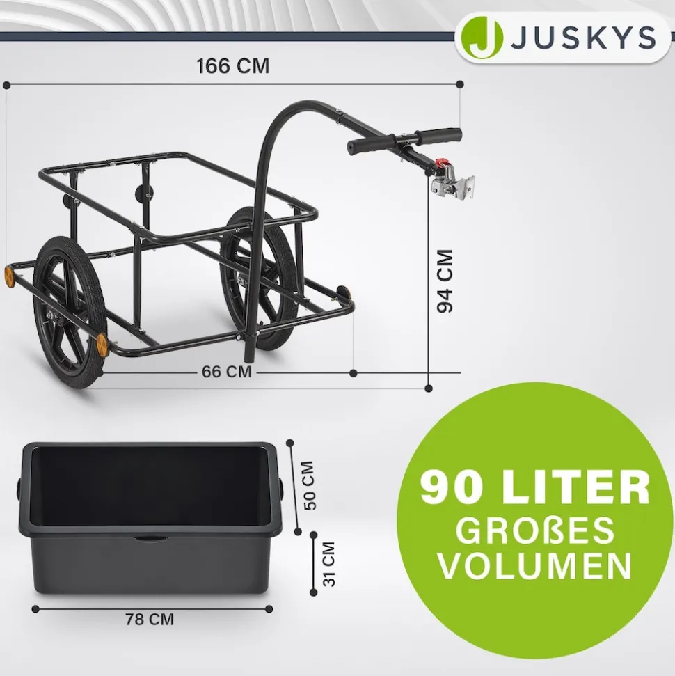 Juskys Transportanhänger Fahrradanhänger 90 Liter - Lastenanhänger mit Kupplung, Deichsel & Plane