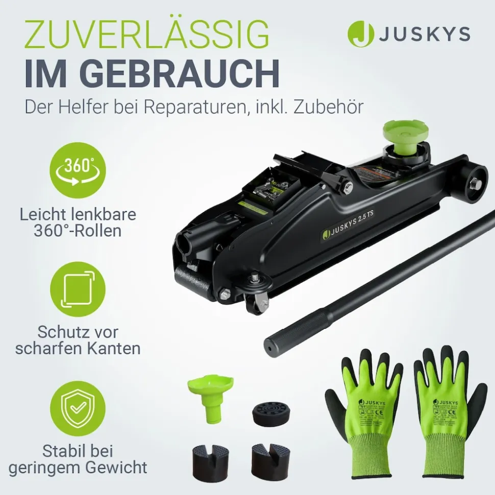 Juskys Wagenheber 2,5 t – Schwarz/Grün, hydraulisch, stabil mit Transportbox, Rangierwagenheber