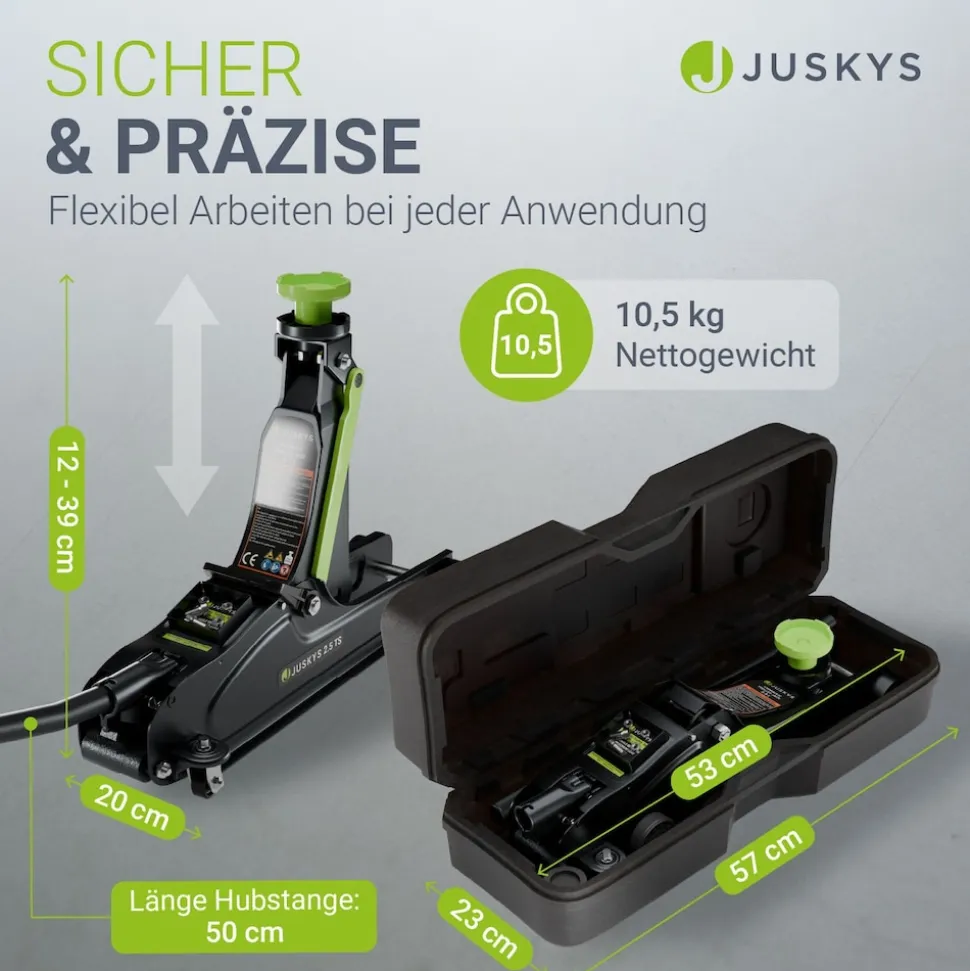 Juskys Wagenheber 2,5 t – Schwarz/Grün, hydraulisch, stabil mit Transportbox, Rangierwagenheber
