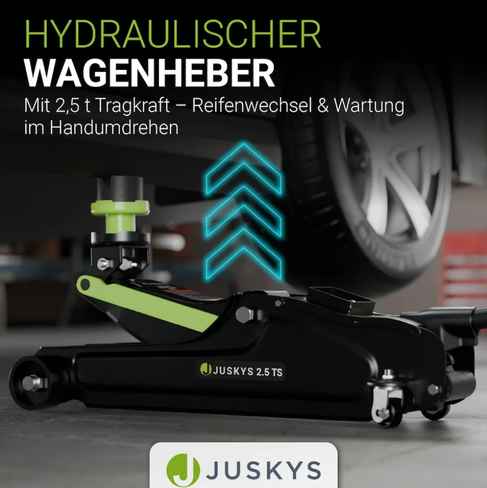 Juskys Wagenheber 2,5 t – Schwarz/Grün, hydraulisch, stabil mit Transportbox, Rangierwagenheber