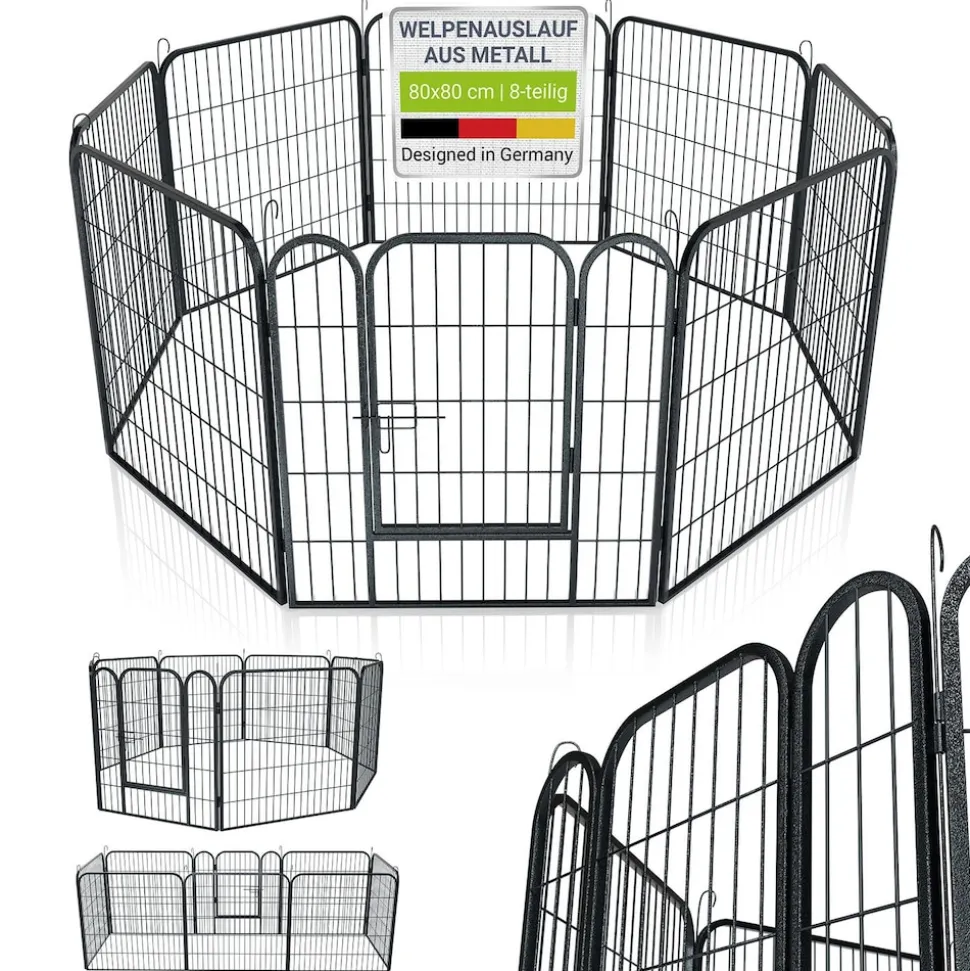 Juskys Welpenauslauf Plus 160x160x80 cm, 8-teilig aus Metall mit Tür für Hunde, Hasen & Kleintiere
