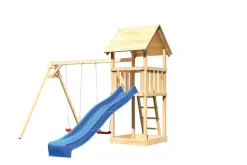 Karibu Spielturm Lotti Satteldach mit Rutsche blau und Doppelschaukel