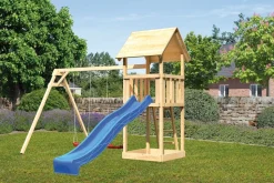 Karibu Spielturm Lotti Satteldach mit Rutsche blau und Doppelschaukel