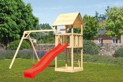 Karibu Spielturm Lotti Satteldach mit Rutsche rot und Doppelschaukel