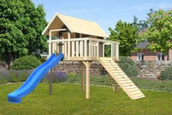 Karibu Stelzenhaus Fidel mit Rutsche blau und Holzrampe