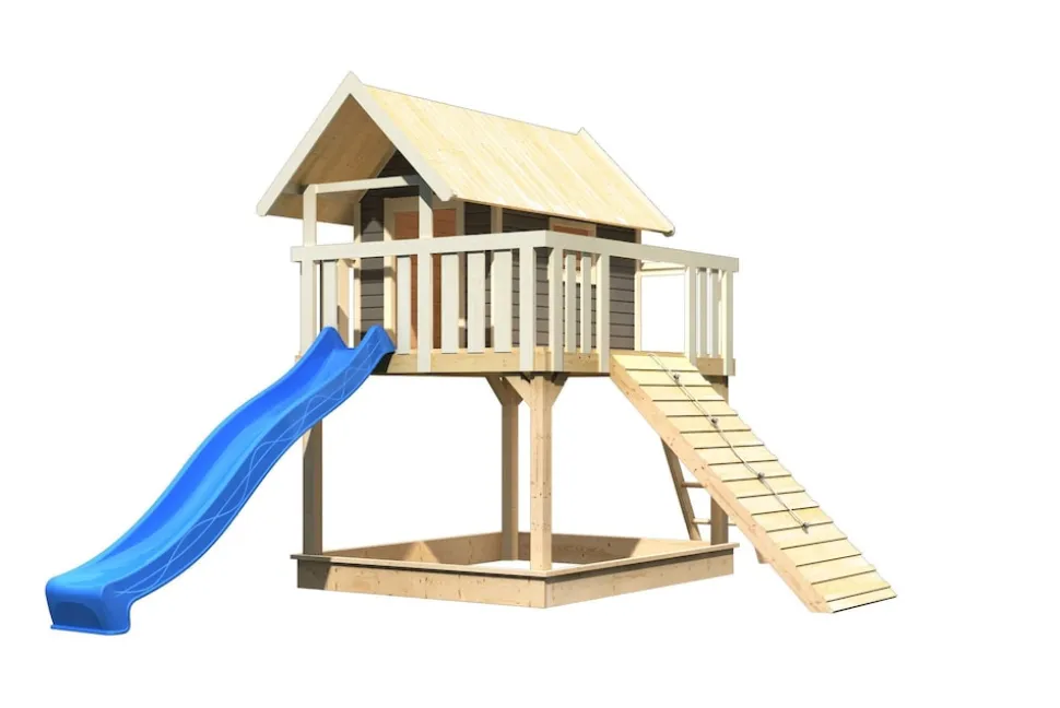 Karibu Stelzenhaus Fidel mit Rutsche blau und Holzrampe
