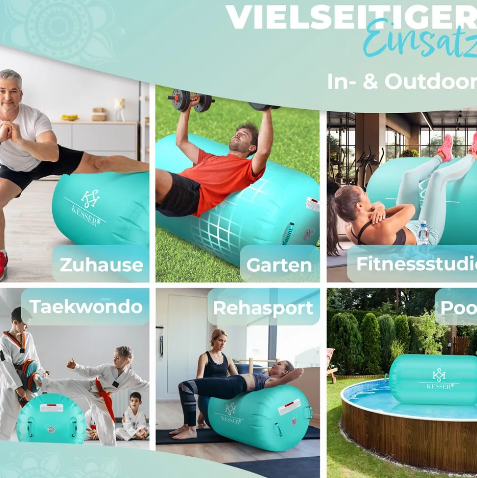 KESSER® Aufblasbare Air Roll Airtrack, Gymnastik-Rolle | inkl. Tragetasche & elektr. Luftpumpe | Barrel Gymnastik Tumbling | Yoga Gymnastik Rolle Gymnastikmatte, Fitnessrolle