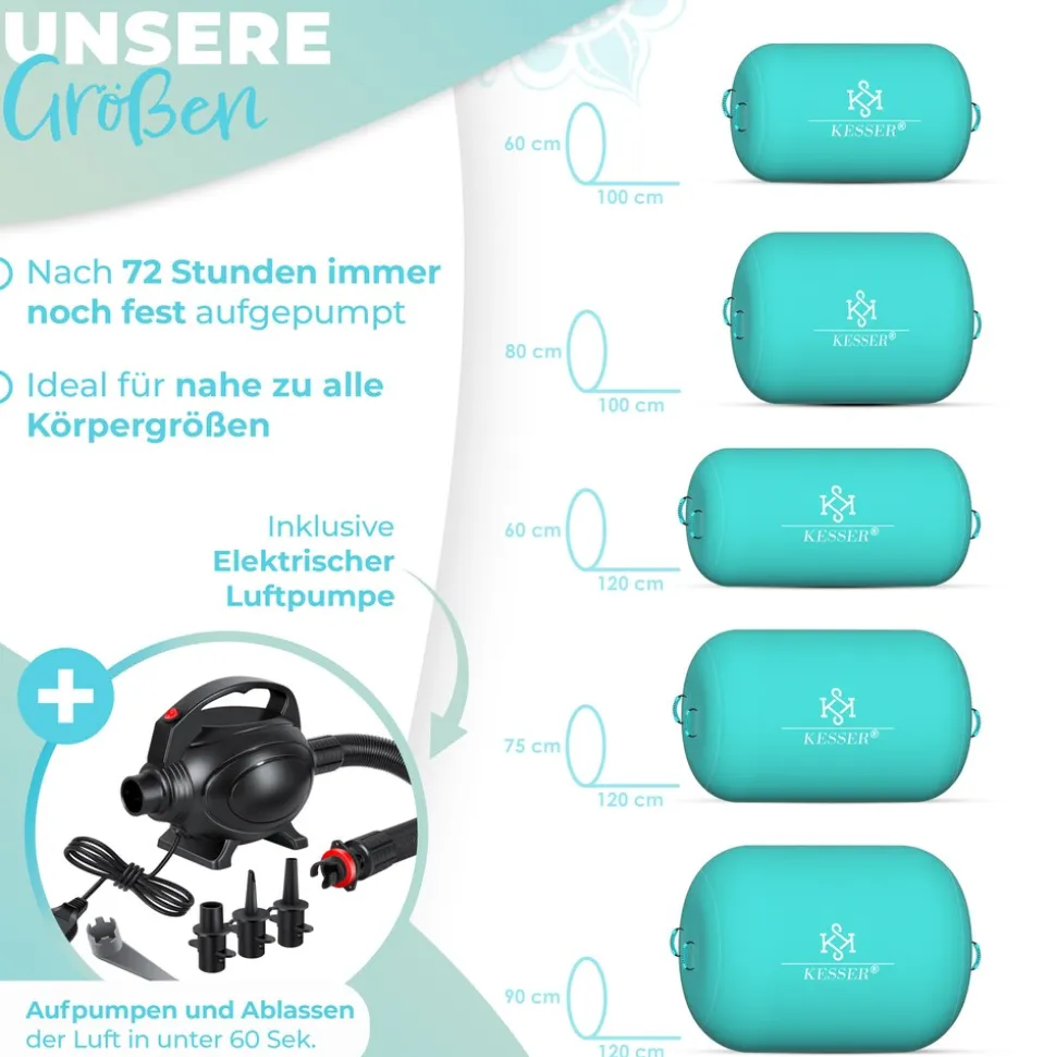 KESSER® Aufblasbare Air Roll Airtrack, Gymnastik-Rolle | inkl. Tragetasche & elektr. Luftpumpe | Barrel Gymnastik Tumbling | Yoga Gymnastik Rolle Gymnastikmatte, Fitnessrolle