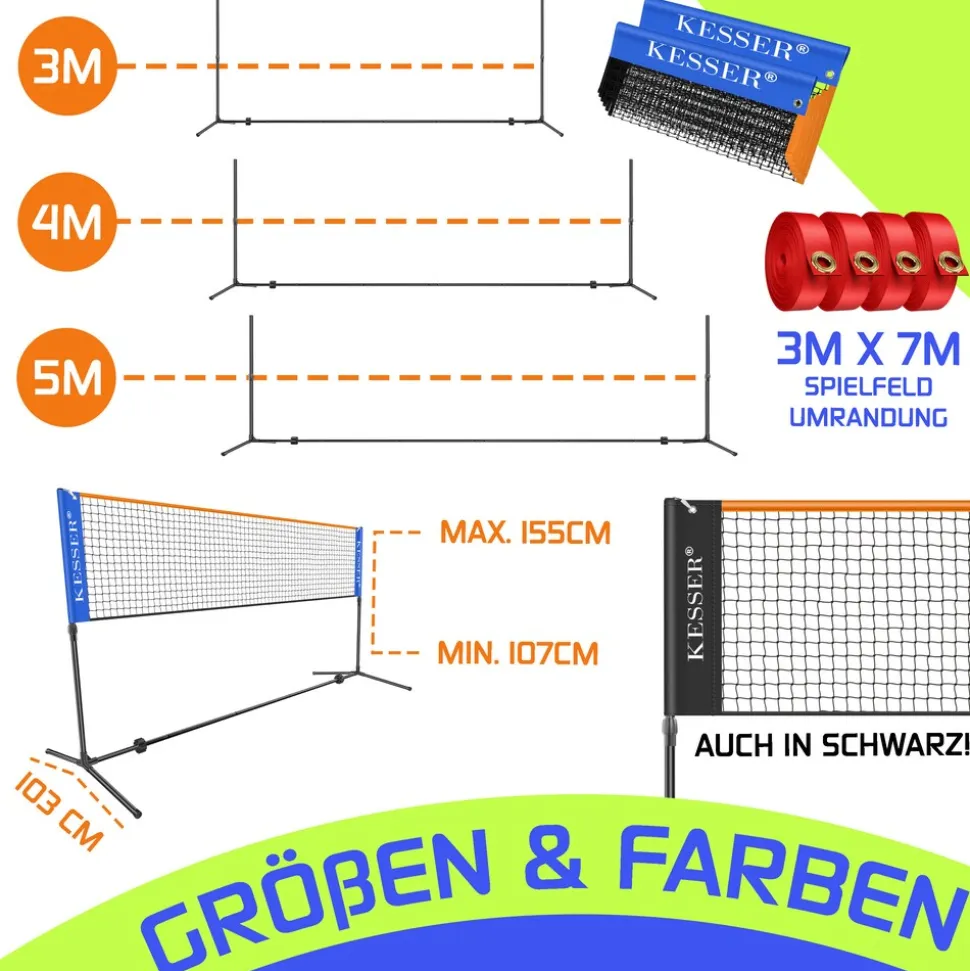 KESSER® Badmintonnetz, Tennisnetz | 300cm | 400cm | 500 cm | Federballnetz 3-Fach-Höhenverstellbar, Set bestehend aus Netz, 3x Feder- & Tennisball, stabilem Eisen-Gestell, Transporttasche, Indoor & Outdoor
