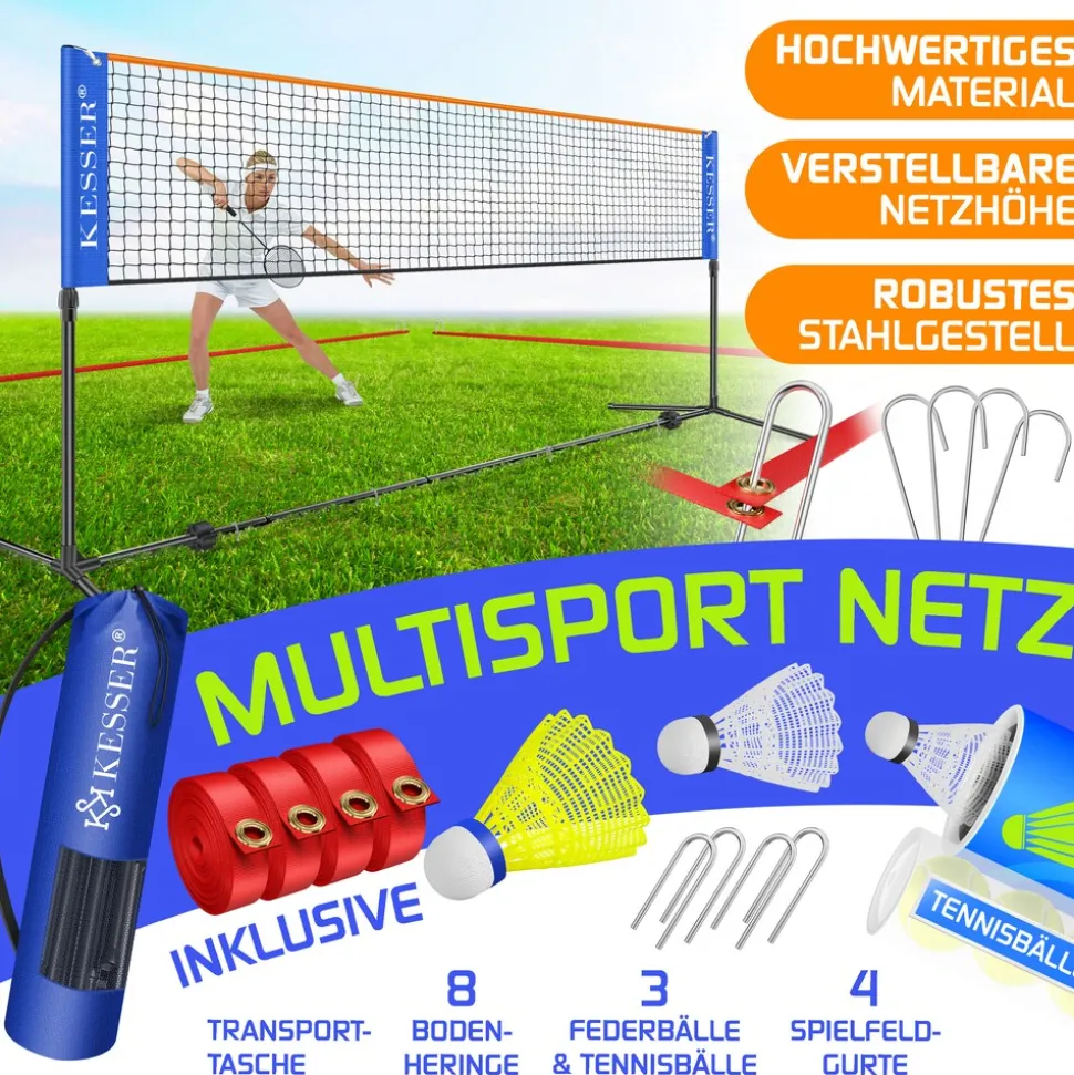 KESSER® Badmintonnetz, Tennisnetz | 300cm | 400cm | 500 cm | Federballnetz 3-Fach-Höhenverstellbar, Set bestehend aus Netz, 3x Feder- & Tennisball, stabilem Eisen-Gestell, Transporttasche, Indoor & Outdoor