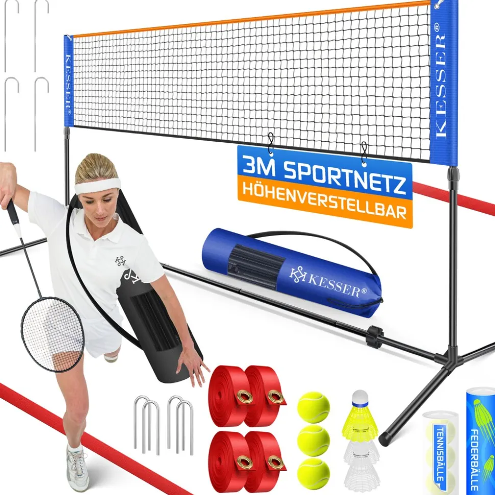 KESSER® Badmintonnetz, Tennisnetz | 300cm | 400cm | 500 cm | Federballnetz 3-Fach-Höhenverstellbar, Set bestehend aus Netz, 3x Feder- & Tennisball, stabilem Eisen-Gestell, Transporttasche, Indoor & Outdoor