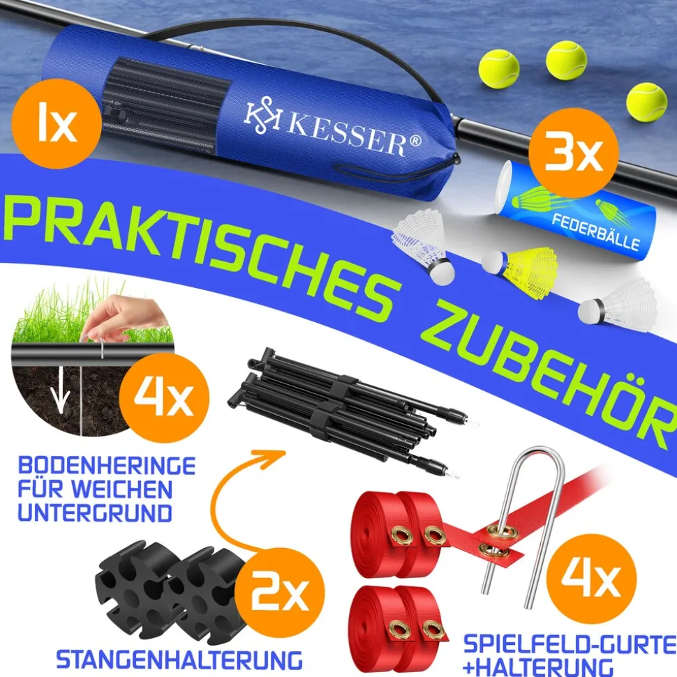 KESSER® Badmintonnetz, Tennisnetz | 300cm | 400cm | 500 cm | Federballnetz 3-Fach-Höhenverstellbar, Set bestehend aus Netz, 3x Feder- & Tennisball, stabilem Eisen-Gestell, Transporttasche, Indoor & Outdoor