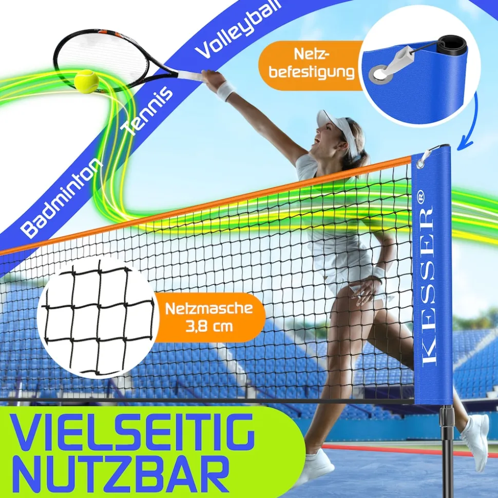 KESSER® Badmintonnetz, Tennisnetz | 300cm | 400cm | 500 cm | Federballnetz 3-Fach-Höhenverstellbar, Set bestehend aus Netz, 3x Feder- & Tennisball, stabilem Eisen-Gestell, Transporttasche, Indoor & Outdoor