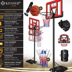 KESSER® Basketballkorb Premium mit Ständer Rollen Inkl. Basketball + Pumpe verstellbare Korbhöhe 230 bis 305 cm höhenverstellbar Korbanlage Outdoor komplett Basketballanlage für Erwachsene Kinder