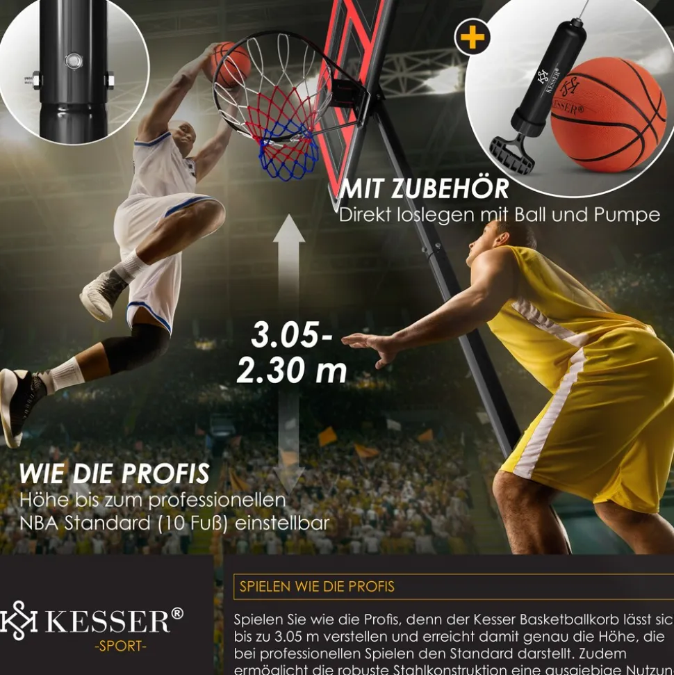 KESSER® Basketballkorb Premium mit Ständer Rollen Inkl. Basketball + Pumpe verstellbare Korbhöhe 230 bis 305 cm höhenverstellbar Korbanlage Outdoor komplett Basketballanlage für Erwachsene Kinder