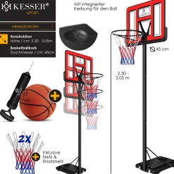 KESSER® Basketballkorb Premium mit Ständer Rollen Inkl. Basketball + Pumpe verstellbare Korbhöhe 230 bis 305 cm höhenverstellbar Korbanlage Outdoor komplett Basketballanlage für Erwachsene Kinder