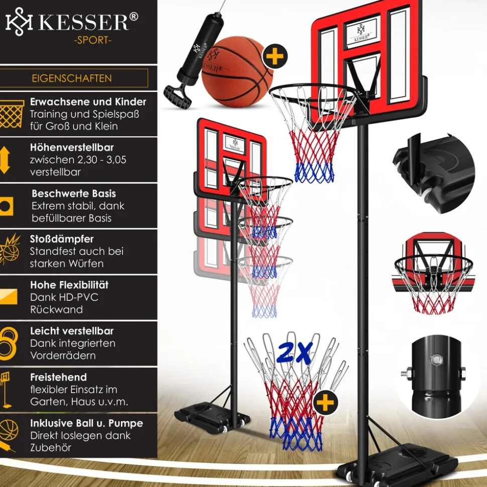KESSER® Basketballkorb Premium mit Ständer Rollen Inkl. Basketball + Pumpe verstellbare Korbhöhe 230 bis 305 cm höhenverstellbar Korbanlage Outdoor komplett Basketballanlage für Erwachsene Kinder