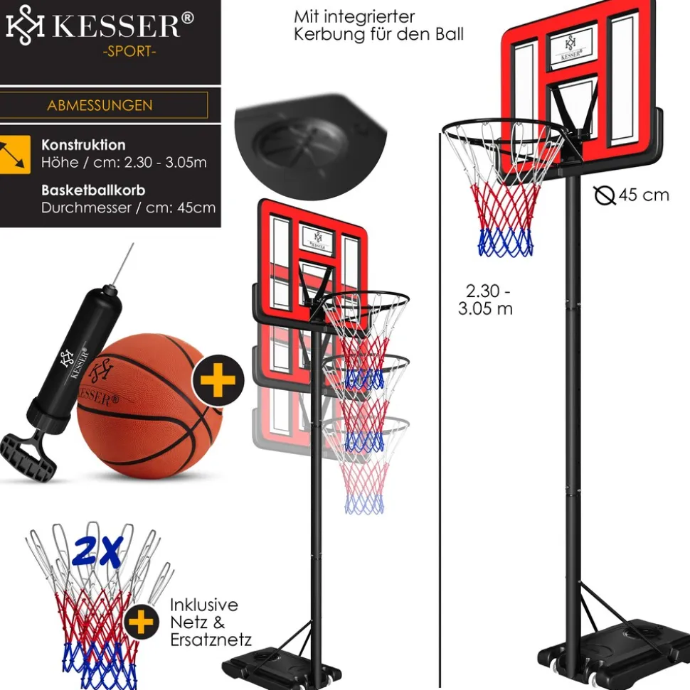 KESSER® Basketballkorb Premium mit Ständer Rollen Inkl. Basketball + Pumpe verstellbare Korbhöhe 230 bis 305 cm höhenverstellbar Korbanlage Outdoor komplett Basketballanlage für Erwachsene Kinder