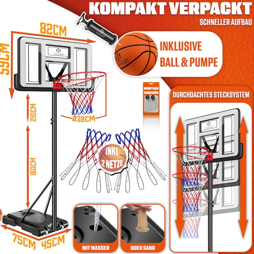 KESSER® Basketballkorb Set höhenverstellbar 160-210cm Mobiler Basketballständer mit Rollen, Backboard, Basketball, Pumpe & 2 Netzen - Indoor & Outdoor Basketballanlage für Kinder & Erwachsene