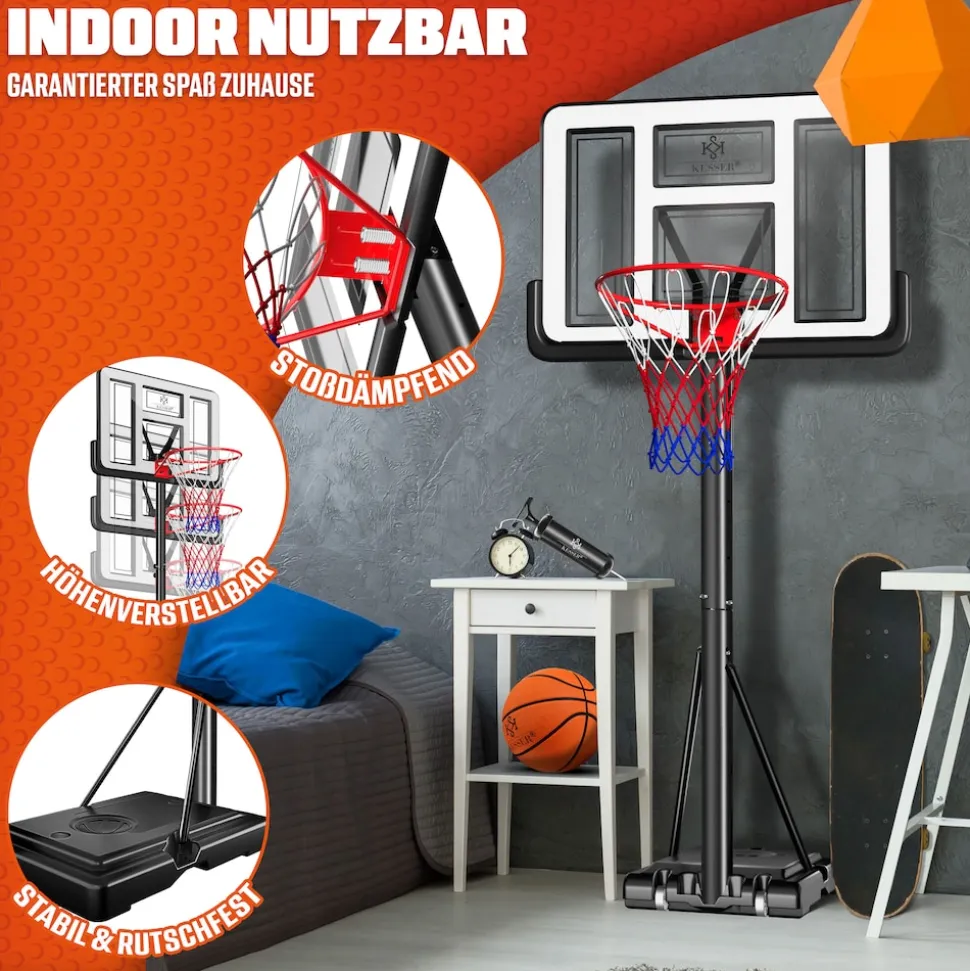 KESSER® Basketballkorb Set höhenverstellbar 160-210cm Mobiler Basketballständer mit Rollen, Backboard, Basketball, Pumpe & 2 Netzen - Indoor & Outdoor Basketballanlage für Kinder & Erwachsene