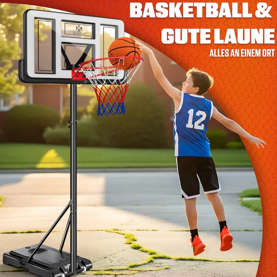 KESSER® Basketballkorb Set höhenverstellbar 160-210cm Mobiler Basketballständer mit Rollen, Backboard, Basketball, Pumpe & 2 Netzen - Indoor & Outdoor Basketballanlage für Kinder & Erwachsene