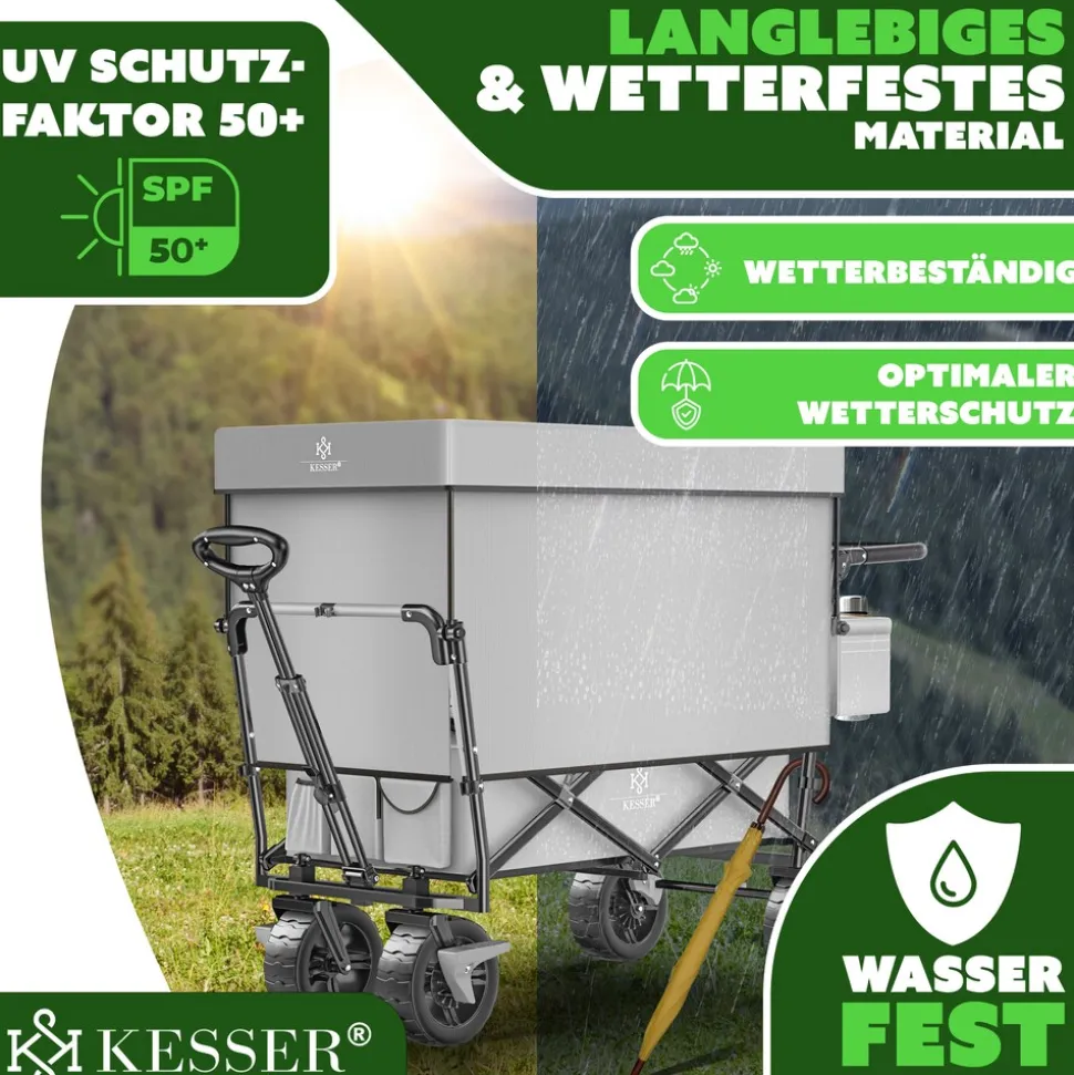KESSER® Bollerwagen faltbar GT9000 Handwagen mit Dach | Transportwagen max. belastbar bis 150kg mit Hartgummi-Räder & Feststellbremsen (Vorne & Hinten) | Inkl. Abdeckung, Wetter & Sichtschutz