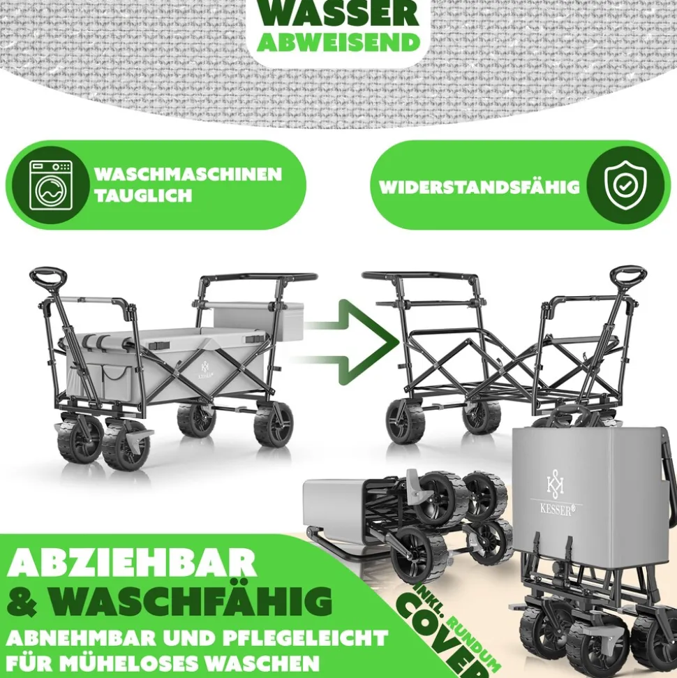 KESSER® Bollerwagen faltbar GT9000 Handwagen mit Dach | Transportwagen max. belastbar bis 150kg mit Hartgummi-Räder & Feststellbremsen (Vorne & Hinten) | Inkl. Abdeckung, Wetter & Sichtschutz