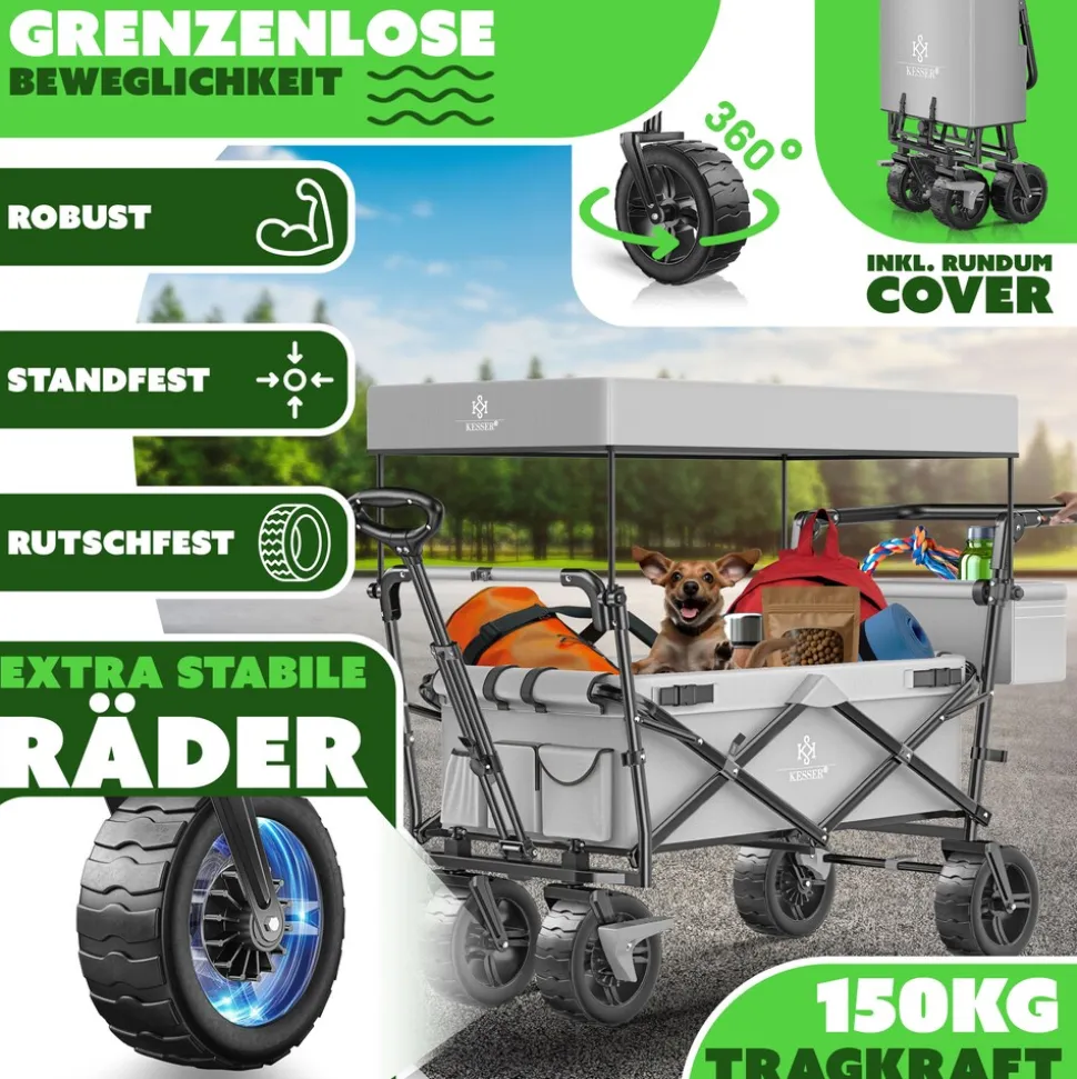 KESSER® Bollerwagen faltbar GT9000 Handwagen mit Dach | Transportwagen max. belastbar bis 150kg mit Hartgummi-Räder & Feststellbremsen (Vorne & Hinten) | Inkl. Abdeckung, Wetter & Sichtschutz