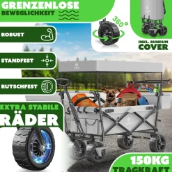 KESSER® Bollerwagen faltbar GT9000 Handwagen mit Dach | Transportwagen max. belastbar bis 150kg mit Hartgummi-Räder & Feststellbremsen (Vorne & Hinten) | Inkl. Abdeckung, Wetter & Sichtschutz