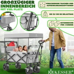 KESSER® Bollerwagen faltbar GT9000 Handwagen mit Dach | Transportwagen max. belastbar bis 150kg mit Hartgummi-Räder & Feststellbremsen (Vorne & Hinten) | Inkl. Abdeckung, Wetter & Sichtschutz