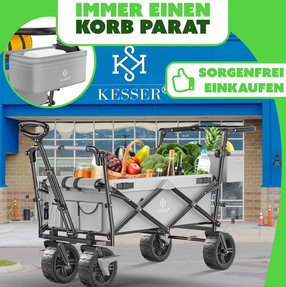 KESSER® Bollerwagen faltbar GT9000 Handwagen mit Dach | Transportwagen max. belastbar bis 150kg mit Hartgummi-Räder & Feststellbremsen (Vorne & Hinten) | Inkl. Abdeckung, Wetter & Sichtschutz
