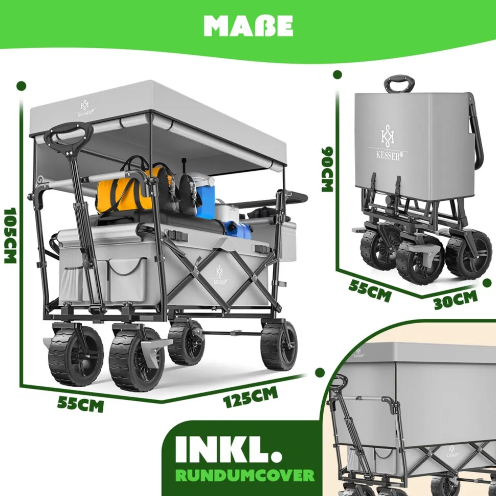 KESSER® Bollerwagen faltbar GT9000 Handwagen mit Dach | Transportwagen max. belastbar bis 150kg mit Hartgummi-Räder & Feststellbremsen (Vorne & Hinten) | Inkl. Abdeckung, Wetter & Sichtschutz