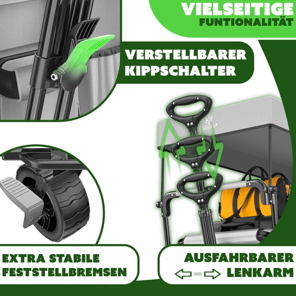 KESSER® Bollerwagen faltbar GT9000 Handwagen mit Dach | Transportwagen max. belastbar bis 150kg mit Hartgummi-Räder & Feststellbremsen (Vorne & Hinten) | Inkl. Abdeckung, Wetter & Sichtschutz
