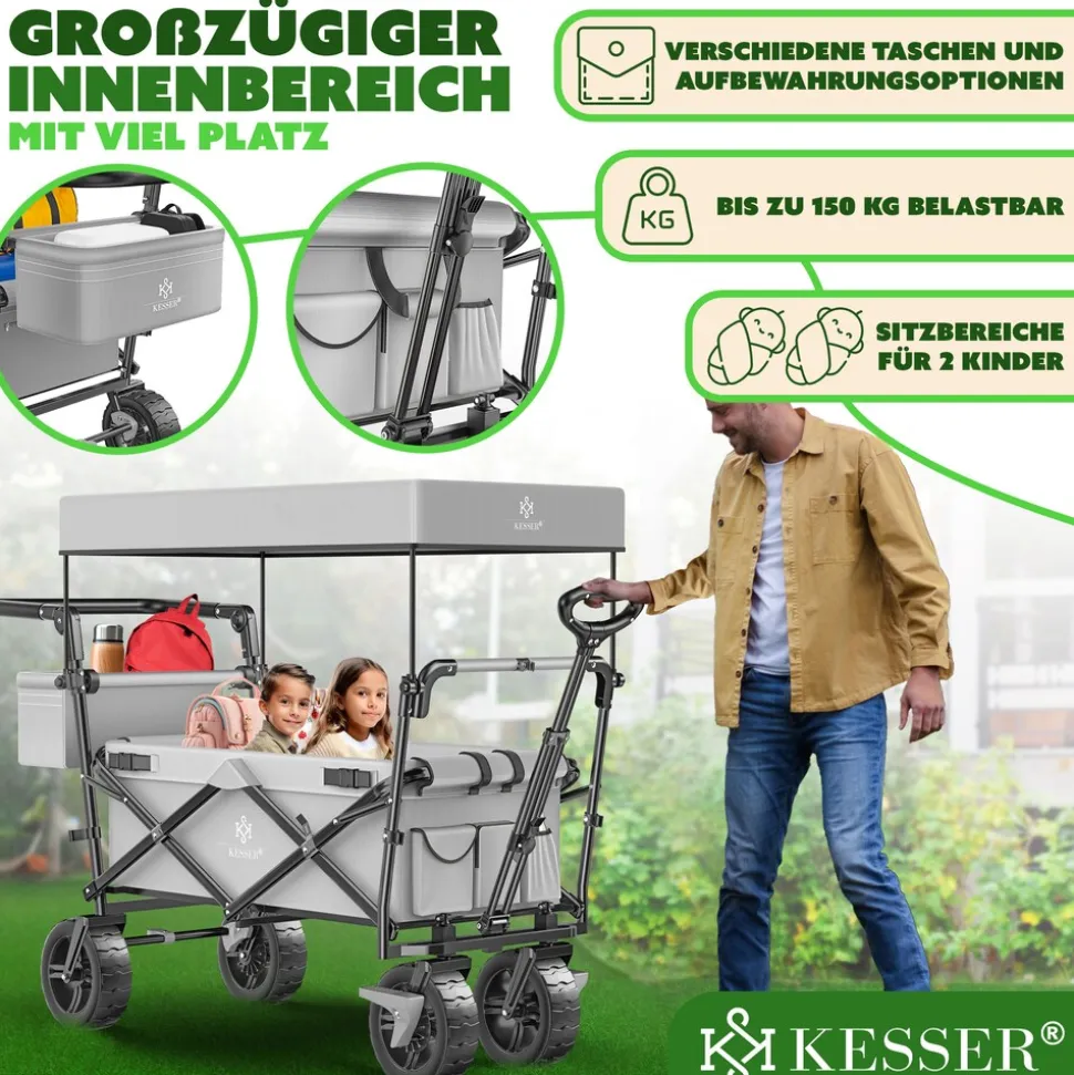 KESSER® Bollerwagen faltbar GT9000 Handwagen mit Dach | Transportwagen max. belastbar bis 150kg mit Hartgummi-Räder & Feststellbremsen (Vorne & Hinten) | Inkl. Abdeckung, Wetter & Sichtschutz