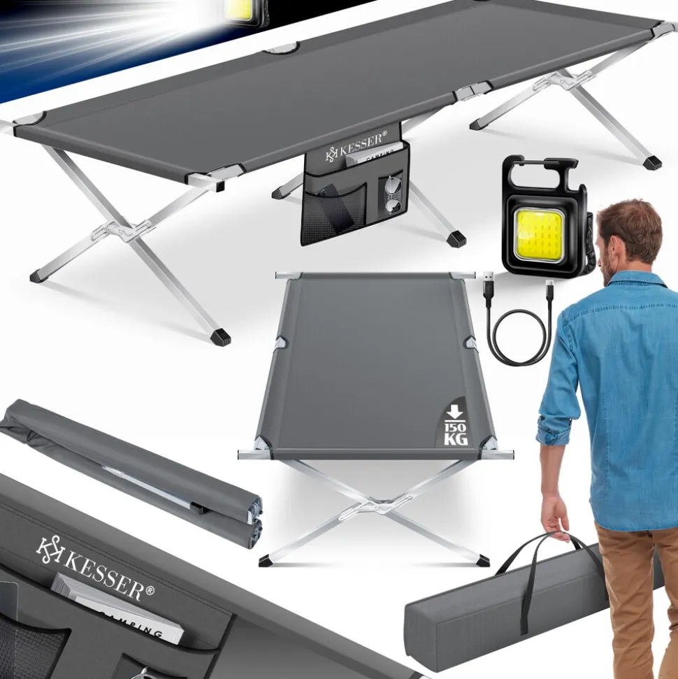 KESSER® Campingbett Klappbett Inkl.Tragetasche und Seitentasche Stabiles Feldbett 150 kg Belastbar Metallrohr 600D Oxfordgewebe Tragbar Liege Reise Bequem