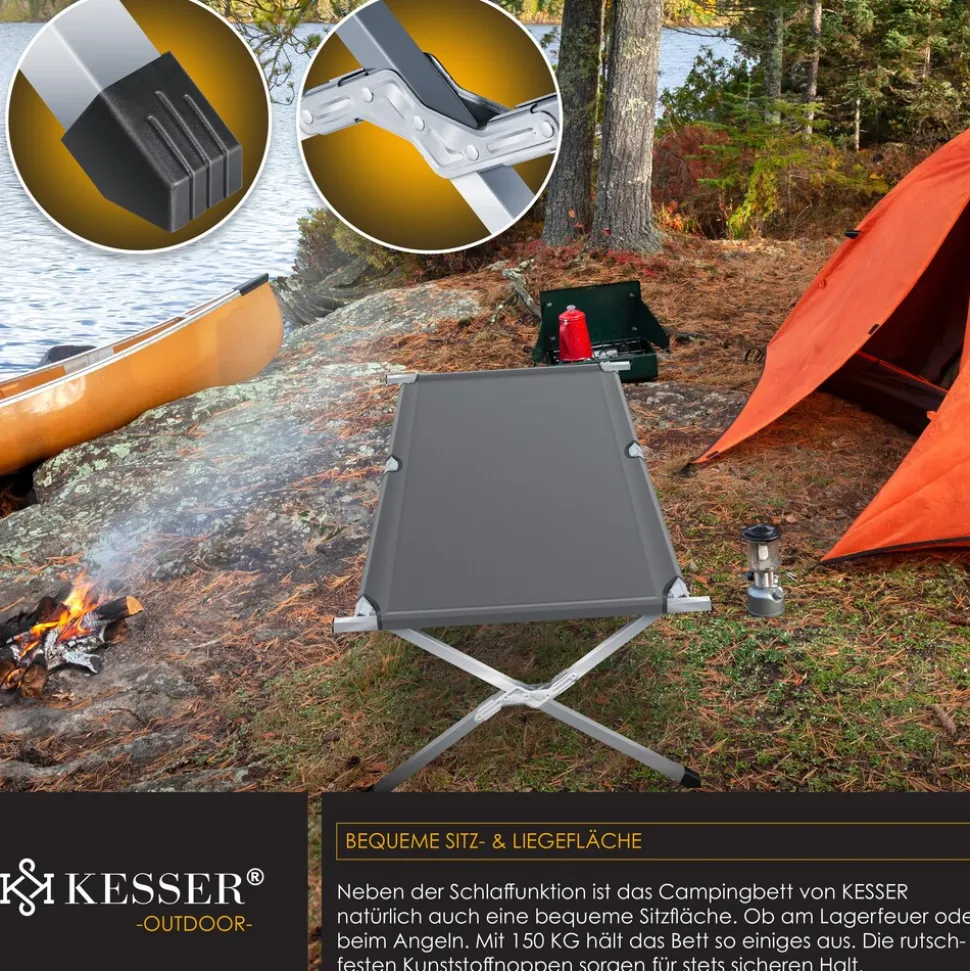KESSER® Campingbett Klappbett Inkl.Tragetasche und Seitentasche Stabiles Feldbett 150 kg Belastbar Metallrohr 600D Oxfordgewebe Tragbar Liege Reise Bequem