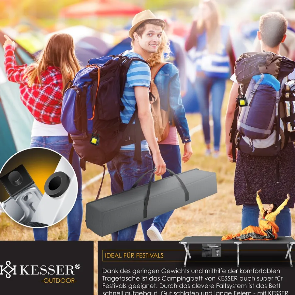 KESSER® Campingbett Klappbett Inkl.Tragetasche und Seitentasche Stabiles Feldbett 150 kg Belastbar Metallrohr 600D Oxfordgewebe Tragbar Liege Reise Bequem