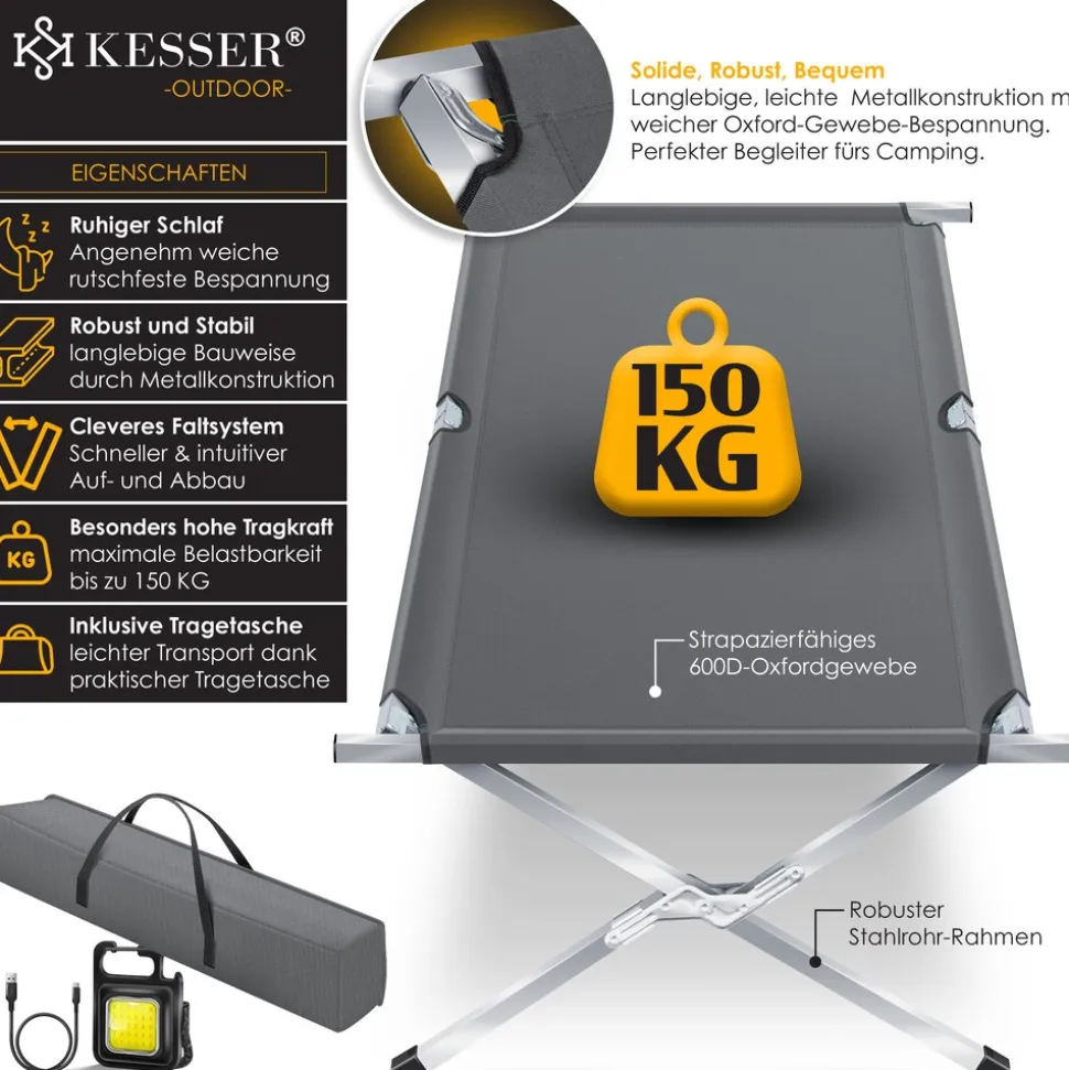 KESSER® Campingbett Klappbett Inkl.Tragetasche und Seitentasche Stabiles Feldbett 150 kg Belastbar Metallrohr 600D Oxfordgewebe Tragbar Liege Reise Bequem