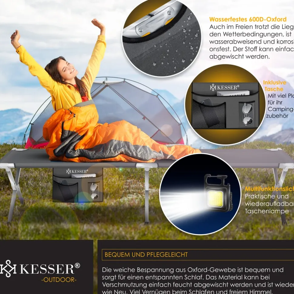 KESSER® Campingbett Klappbett Inkl.Tragetasche und Seitentasche Stabiles Feldbett 150 kg Belastbar Metallrohr 600D Oxfordgewebe Tragbar Liege Reise Bequem