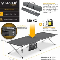 KESSER® Campingbett Klappbett Inkl.Tragetasche und Seitentasche Stabiles Feldbett 150 kg Belastbar Metallrohr 600D Oxfordgewebe Tragbar Liege Reise Bequem