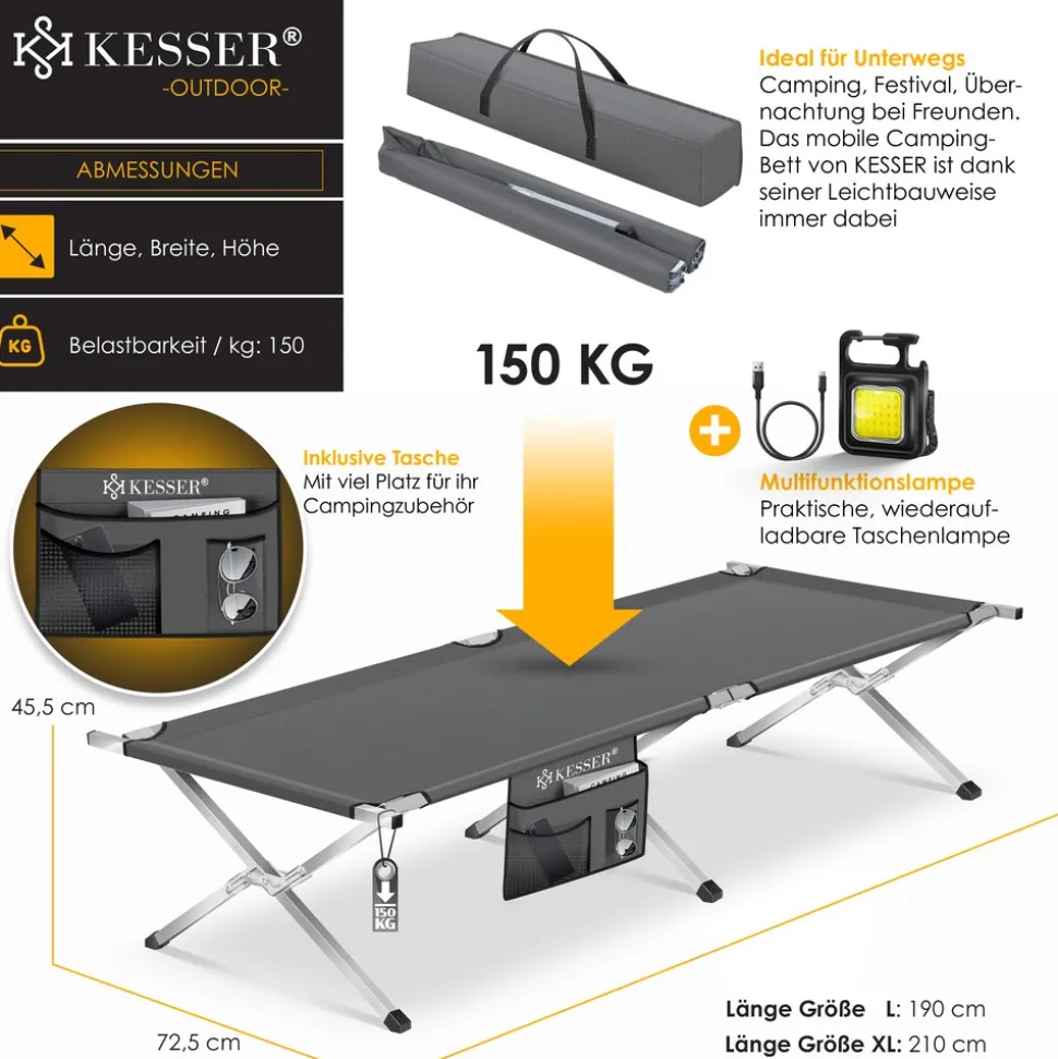 KESSER® Campingbett Klappbett Inkl.Tragetasche und Seitentasche Stabiles Feldbett 150 kg Belastbar Metallrohr 600D Oxfordgewebe Tragbar Liege Reise Bequem