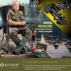 KESSER® Campingstuhl faltbar bis 160 kg | Angelstuhl Faltstuhl Klappstuhl Gepolstert mit Armlehnen | Campinglicht und Getränkehalter + Tasche mit hoher Rückenlehne | Strandstuhl mit Angelhalterung
