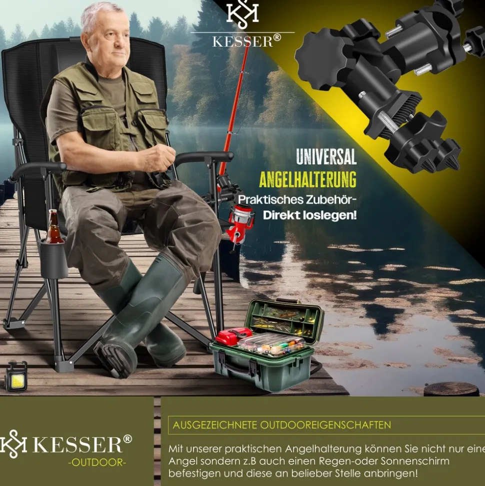 KESSER® Campingstuhl faltbar bis 160 kg | Angelstuhl Faltstuhl Klappstuhl Gepolstert mit Armlehnen | Campinglicht und Getränkehalter + Tasche mit hoher Rückenlehne | Strandstuhl mit Angelhalterung