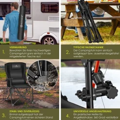 KESSER® Campingstuhl faltbar bis 160 kg | Angelstuhl Faltstuhl Klappstuhl Gepolstert mit Armlehnen | Campinglicht und Getränkehalter + Tasche mit hoher Rückenlehne | Strandstuhl mit Angelhalterung