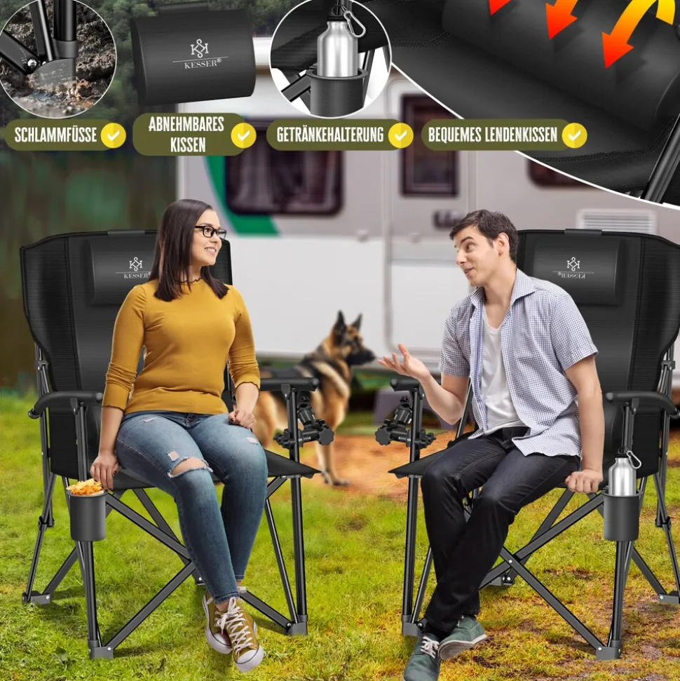 KESSER® Campingstuhl faltbar bis 160 kg | Angelstuhl Faltstuhl Klappstuhl Gepolstert mit Armlehnen | Campinglicht und Getränkehalter + Tasche mit hoher Rückenlehne | Strandstuhl mit Angelhalterung