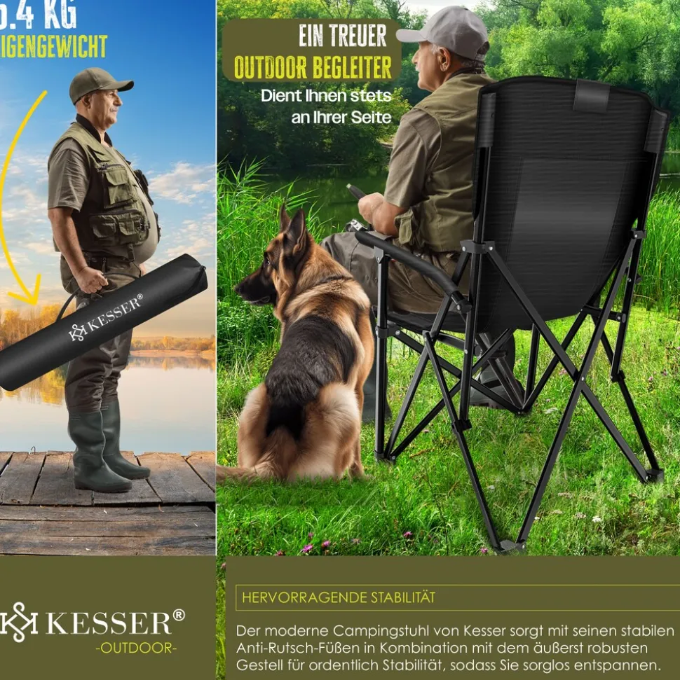 KESSER® Campingstuhl faltbar bis 160 kg | Angelstuhl Faltstuhl Klappstuhl Gepolstert mit Armlehnen | Campinglicht und Getränkehalter + Tasche mit hoher Rückenlehne | Strandstuhl mit Angelhalterung